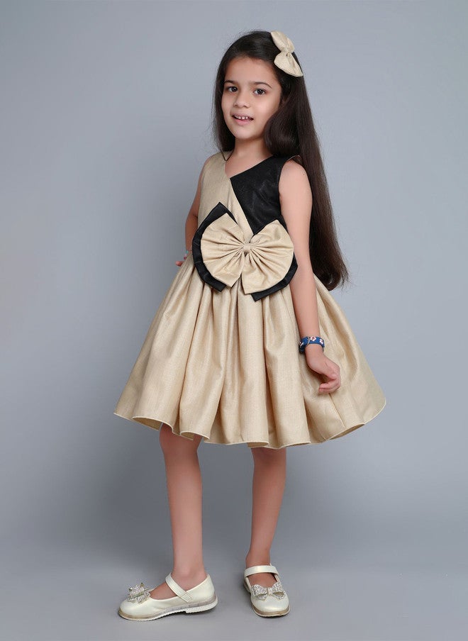 PinkChick Beige And Black Colourblocked Fit & Flare Dress For Girls - Image 4