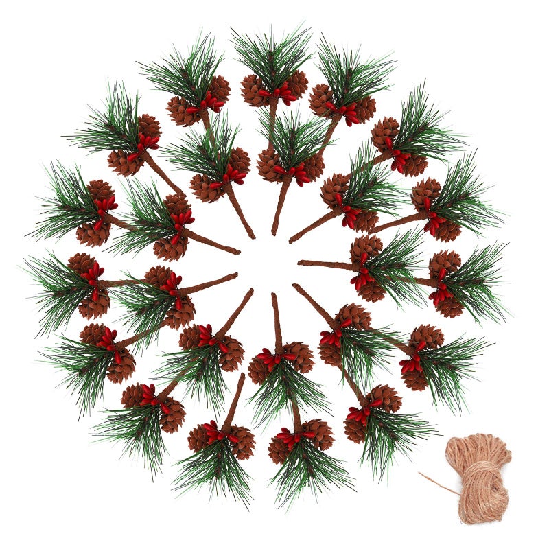 Geefuun 24Pieces Christmas Artificial Pine Needle/Pick Decorations 1 Pack Jute Twine Rope - Xmas Party Gift Wrapping Decor Wreaths Arrangement Tree Ornaments Wedding Supplies