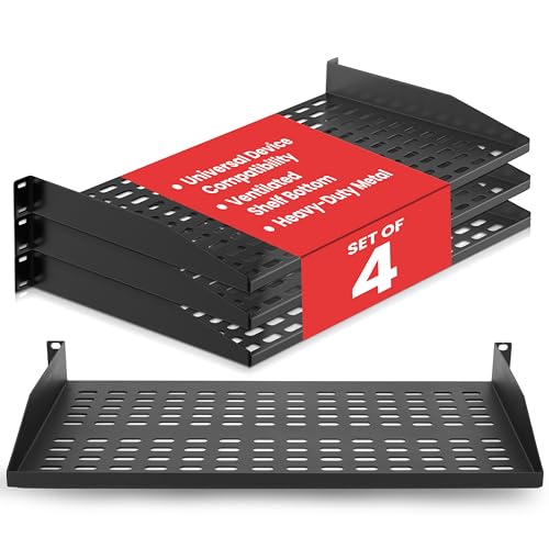 Pyle 19-Inch 1U Server Rack Shelf - 4 Pcs Vented Metal Shelves for Optimal Airflow, Wall or Rack MountableSupports up to 110 lbs, 17 x 10’ Shelf Tray for Cabinets, Computers & Network Equipment - Image 1