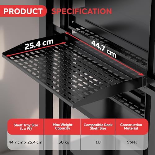 Pyle 19-Inch 1U Server Rack Shelf - 4 Pcs Vented Metal Shelves for Optimal Airflow, Wall or Rack MountableSupports up to 110 lbs, 17 x 10’ Shelf Tray for Cabinets, Computers & Network Equipment - Image 3