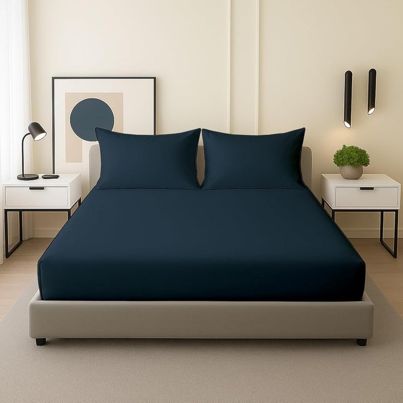 FOAM CRAFT 3 Piece Fitted Sheet Set - Queen Size Fitted Bed Sheet & 2 Pillow Shams - 100% Cotton - Navy - Image 1