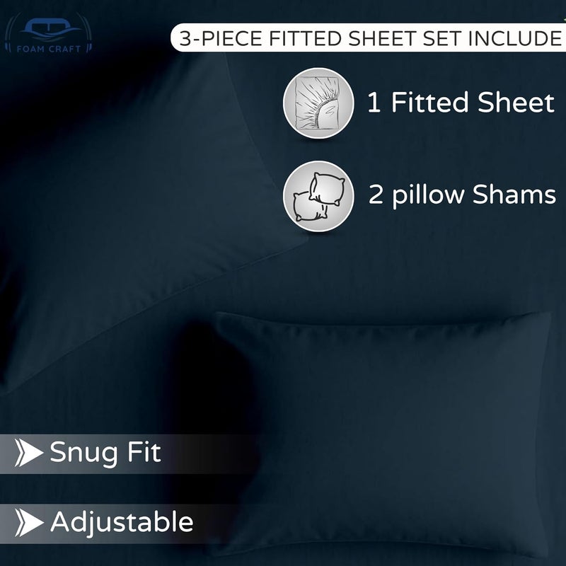 FOAM CRAFT 3 Piece Fitted Sheet Set - Queen Size Fitted Bed Sheet & 2 Pillow Shams - 100% Cotton - Navy - Image 5