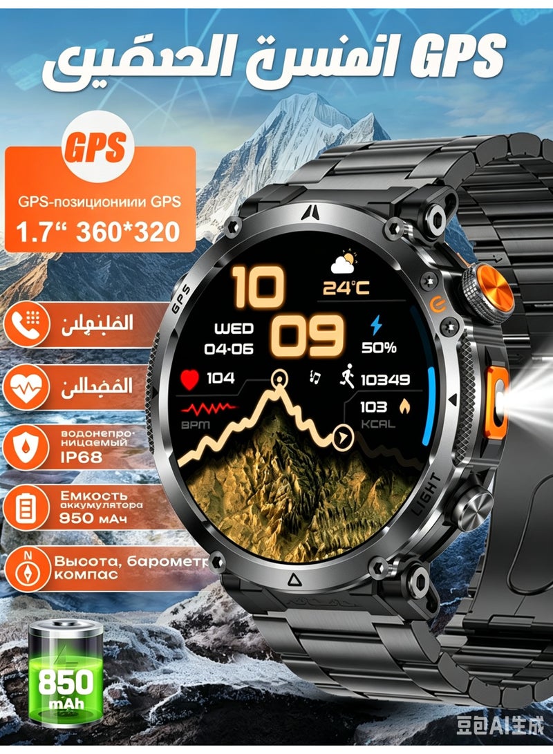 ساعة ذكية عسكرية للرجال بشاشة AMOLED عالية الدقة 1.7 بوصة، نظام تحديد المواقع العالمي (GPS)، مقاومة للماء IP68، مراقبة معدل ضربات القلب و SpO2 - Image 1