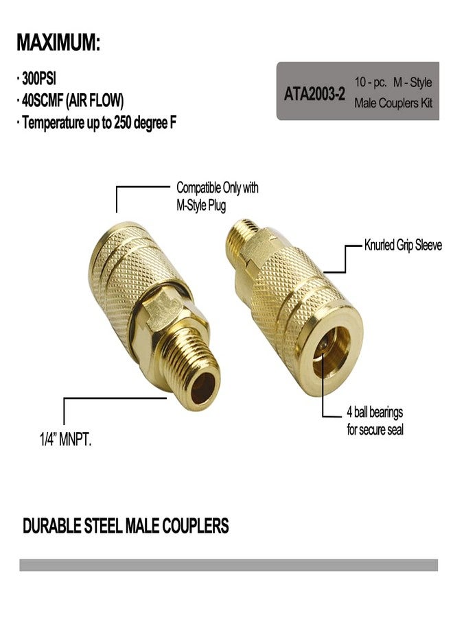 JS Tools 10 Pieces Male Air Coupler Set, 1/4 Inch NPT Thread and Body Size Quick Connect Tool, Industrial Grade M-Style Coupler With Brass Finish for Quickly and Safely Disconnect Hose - Image 3