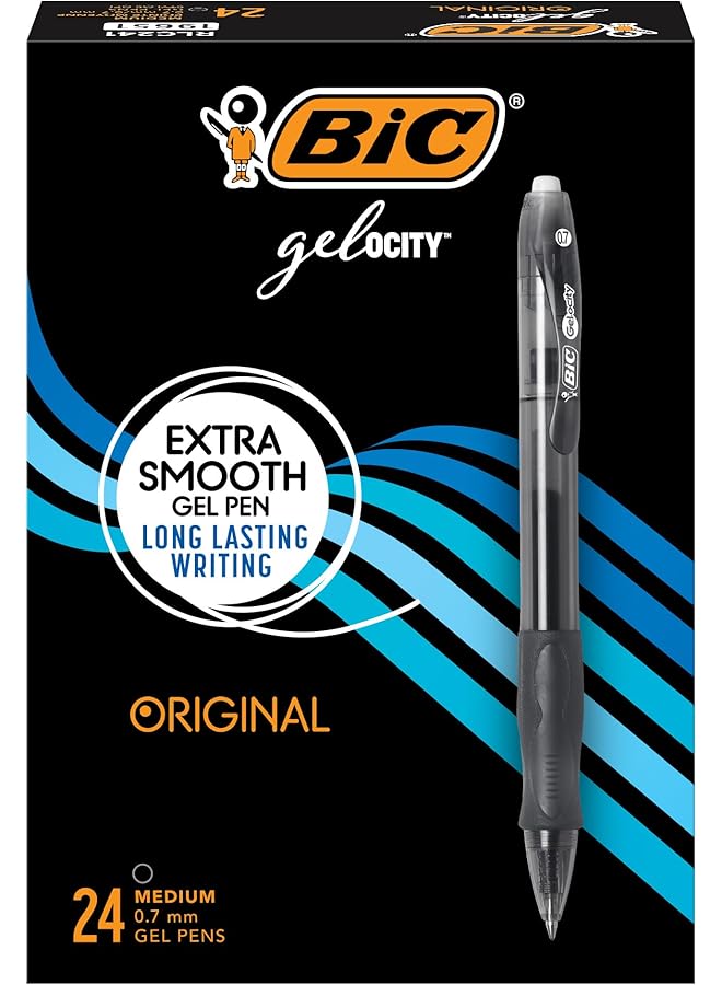 بيك أقلام جل سوداء أصلية من جيلوسيتي متوسطة الحجم 0.7 مم، 24 قطعة من أقلام الجل القابلة للسحب مع قبضة مريحة - Image 1