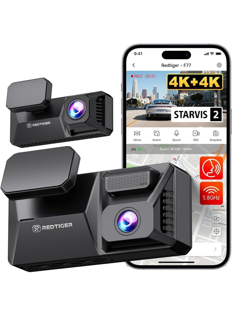 ريد تايجر كاميرا تابلوه امامية وخلفية F77 4K+4K مع HDR ومستشعر ستارفيس مزدوج 2 IMX678، كاميرا تحكم صوتي للسيارات مع ذاكرة اي ام ام سي 128GB وواي فاي 5.8GHz وشاشة لمس 4 انش ووضع وقوف 24 ساعة - Image 2