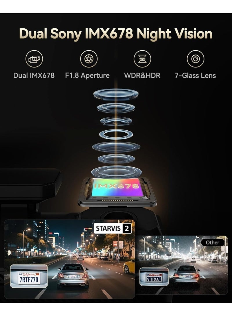 ريد تايجر كاميرا تابلوه امامية وخلفية F77 4K+4K مع HDR ومستشعر ستارفيس مزدوج 2 IMX678، كاميرا تحكم صوتي للسيارات مع ذاكرة اي ام ام سي 128GB وواي فاي 5.8GHz وشاشة لمس 4 انش ووضع وقوف 24 ساعة - Image 4