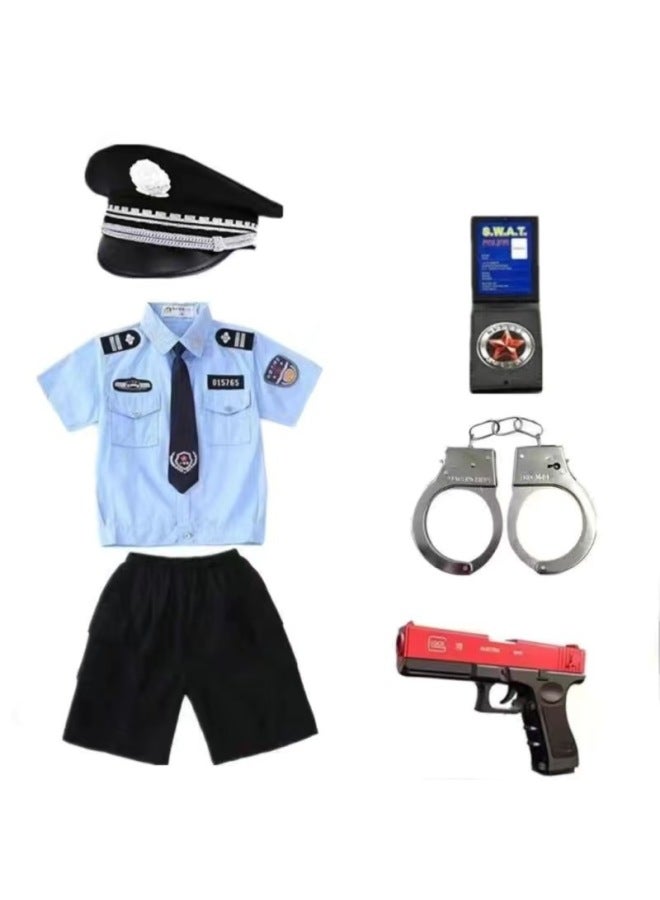 Halloween Costume - Kids Police Firefighter Uniform Costume - Little police officer 7-piece set with black hat (boy's) - Role Play Police SWAT Soldier Outfit, Children Performance Wear, Career Dress Up, Military Costume, Toy Uniform Set - Image 1
