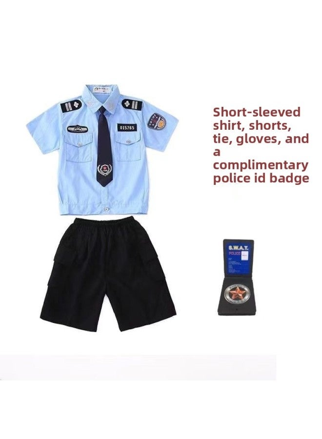 Halloween Costume - Kids Police Firefighter Uniform Costume - Little police officer 7-piece set with black hat (boy's) - Role Play Police SWAT Soldier Outfit, Children Performance Wear, Career Dress Up, Military Costume, Toy Uniform Set - Image 3