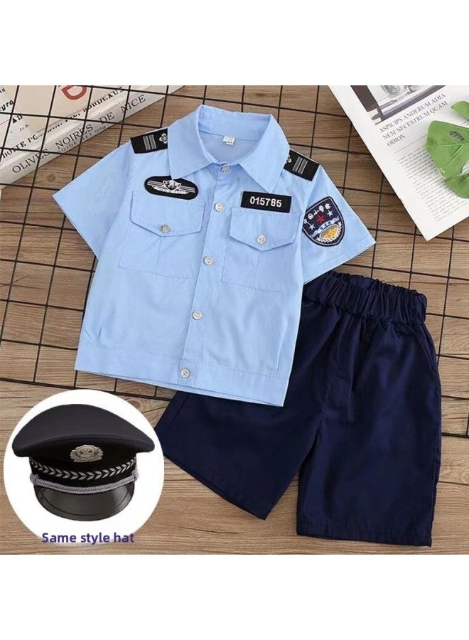 Halloween Costume - Kids Police Firefighter Uniform Costume - Little police officer 7-piece set with black hat (boy's) - Role Play Police SWAT Soldier Outfit, Children Performance Wear, Career Dress Up, Military Costume, Toy Uniform Set - Image 2