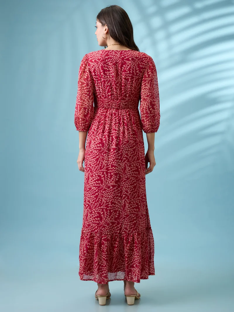 جلو باص Women Pink Tropical Printed V-Neck Neck Puff Sleeves Front Slit Tiered Fit & Flare Maxi Dress