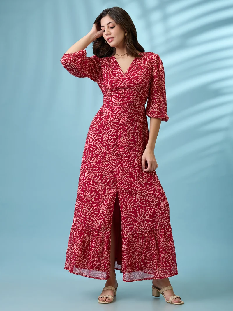 جلو باص Women Pink Tropical Printed V-Neck Neck Puff Sleeves Front Slit Tiered Fit & Flare Maxi Dress