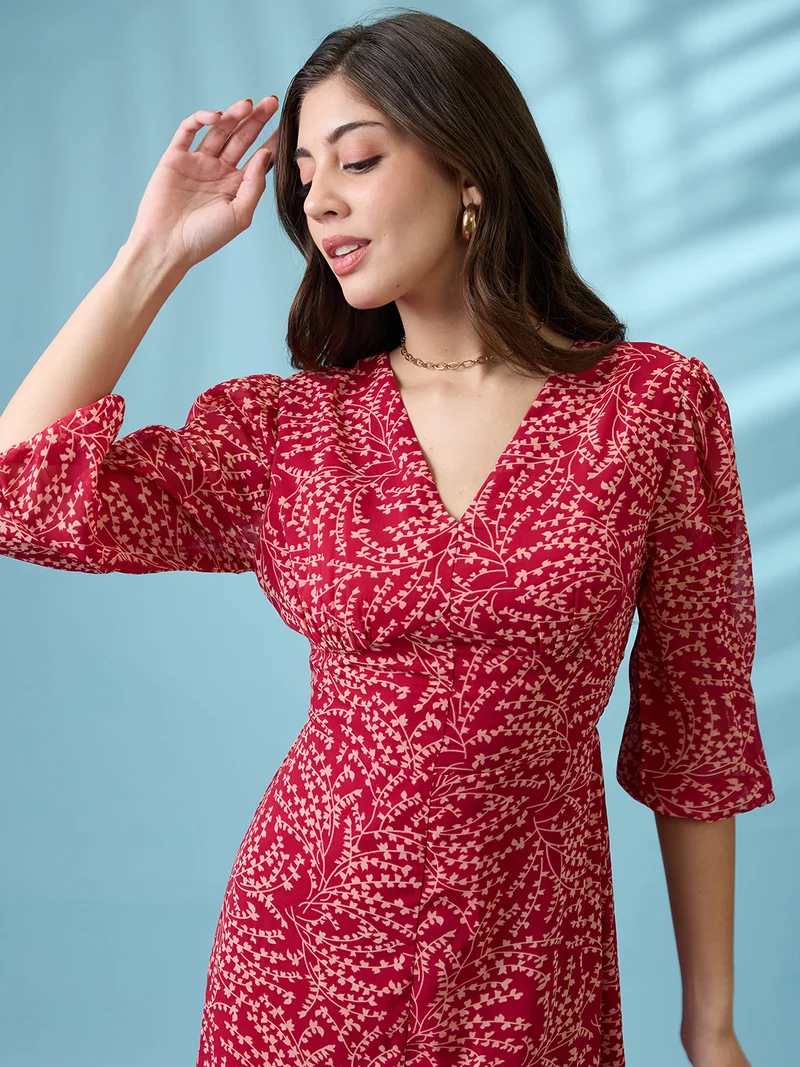 جلو باص Women Pink Tropical Printed V-Neck Neck Puff Sleeves Front Slit Tiered Fit & Flare Maxi Dress