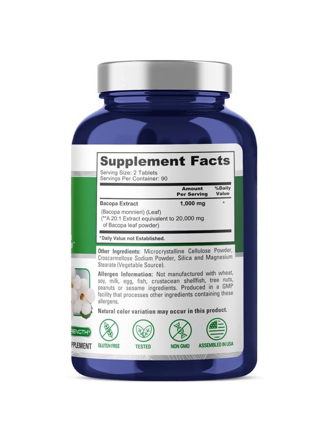 NusaPure - Bacopa Leaf Monnieri Extract 20,000 mg 180 Tablets (Extract 20:1, Non-GMO, Gluten Free) - Image 1