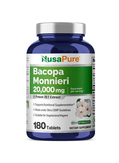 Bacopa Leaf Monnieri Extract 20,000 mg 180 Tablets (Extract 20:1, Non-GMO, Gluten Free)