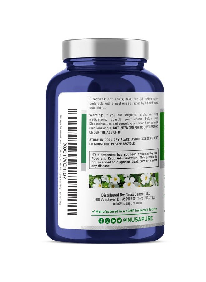 NusaPure - Bacopa Leaf Monnieri Extract 20,000 mg 180 Tablets (Extract 20:1, Non-GMO, Gluten Free) - Image 1