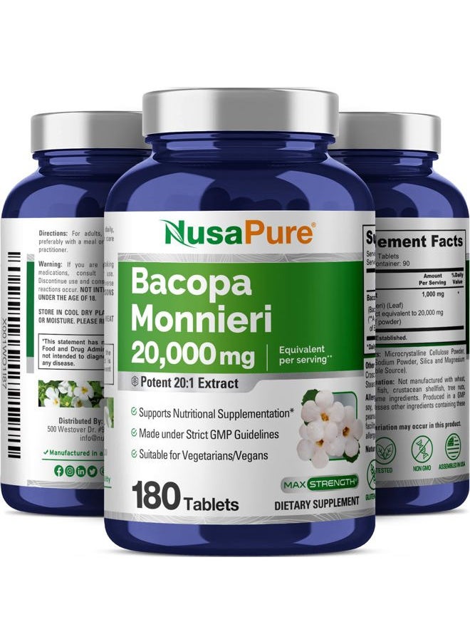 NusaPure - Bacopa Leaf Monnieri Extract 20,000 mg 180 Tablets (Extract 20:1, Non-GMO, Gluten Free) - Image 1