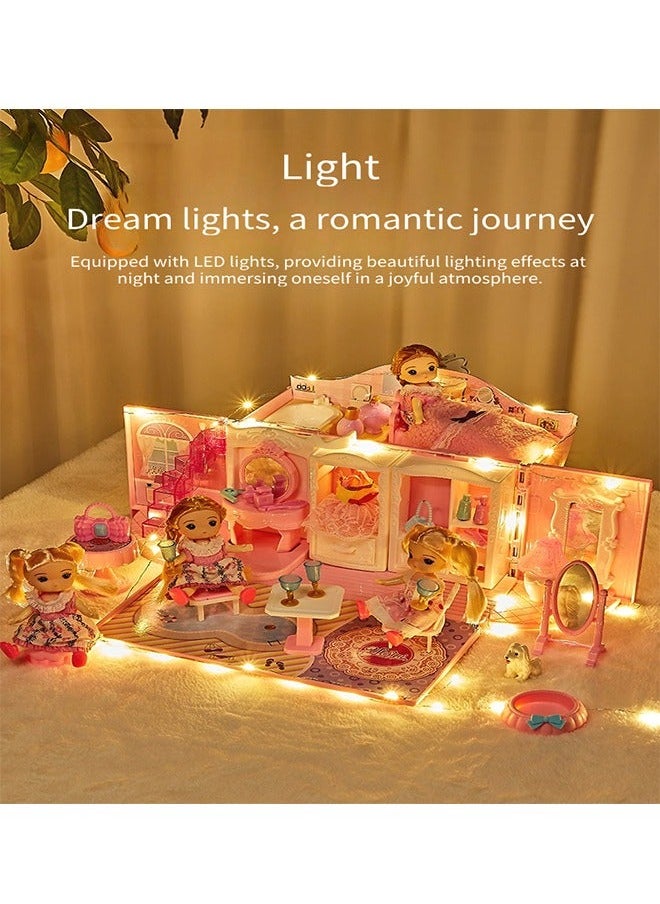 Beauenty 2 Floors Huge handbag Dollhouse Play Set with 2 Rooms 4 doll 1handbag 1 Color Light Strips with Lights to Assemble Bedroom, Furniture, Garden,Pets DIY Pretend Play Doll House for Girls.  - Image 2