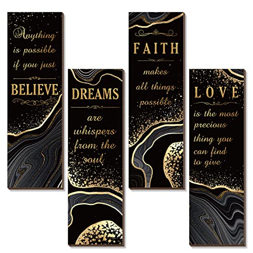 Chitidr 4 Pcs Golden Bathroom Wall Decor Inspirational Quote Wooden Sign Gold Art Signs Love Faith Believe Dream Wall Decor for Living Room Bathroom Accessories(11.4 x 3.5 Inch,Black and Gold) - Image 1