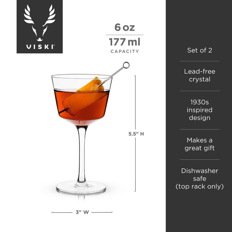 Viski Nick and Nora Glasses, Stemmed Drinkware, Premium Crystal Cocktail Glasses, Cocktail Coupe Glasses, Home and Bar Glass cups, Set of 2, 6oz - Image 3