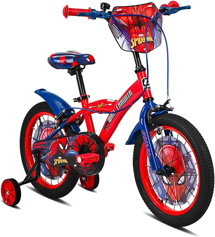 Marvel Spiderman Super Spidey 16-Inch Bike For Kids | 16-Inch Wheel Size | Adjustable Seat | Training Wheels | Front Plate | Chain Guard | Coaster Brake | Superhero Graphics | Red/Blue Color