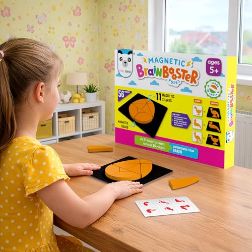 PLAY PANDA Brain Booster Type 3 Small Magnetic Puzzle Set for Kids, 11 Magnetic Shapes with Magnetic Board, 56 Puzzle Book & 56 Solution Book, Display Tray, Brain Training Indoor Educational Toy - Image 3
