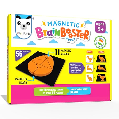 PLAY PANDA Brain Booster Type 3 Small Magnetic Puzzle Set for Kids, 11 Magnetic Shapes with Magnetic Board, 56 Puzzle Book & 56 Solution Book, Display Tray, Brain Training Indoor Educational Toy - Image 1