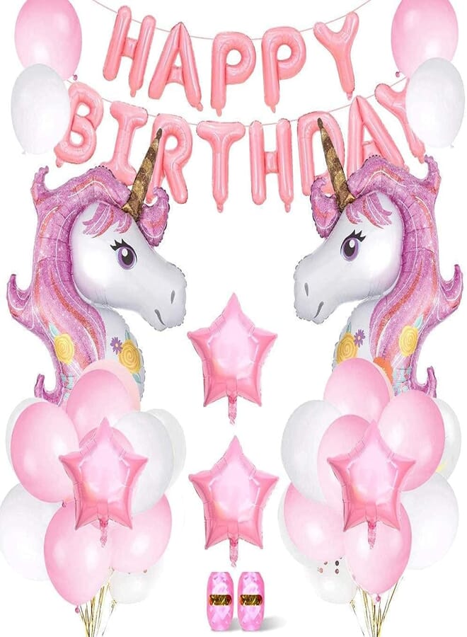 Secret Unicorn Party Decorations Supplies, Pink Happy Birthday Banner with 2 Huge Foil Unicorn Balloons Latex Confetti Balloons Birthday Party Supplies