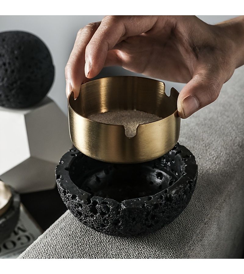 Nordic Industrial Cement Ashtray Handcrafted Black With Detachable Stainless Steel Bowl Easy Clean - Image 2