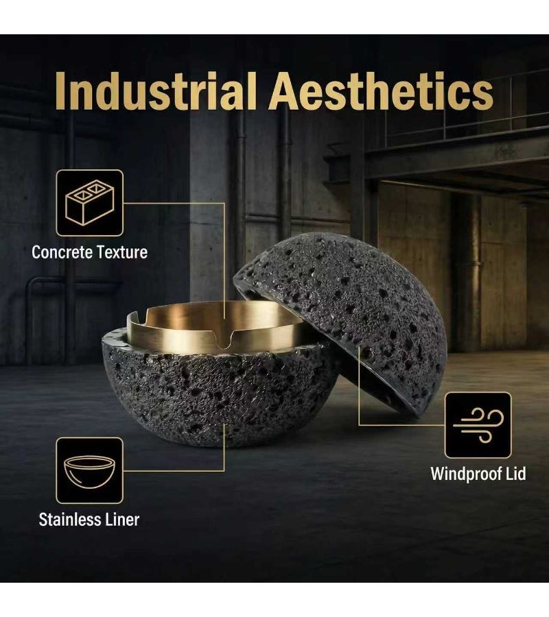 Nordic Industrial Cement Ashtray Handcrafted Black With Detachable Stainless Steel Bowl Easy Clean - Image 4