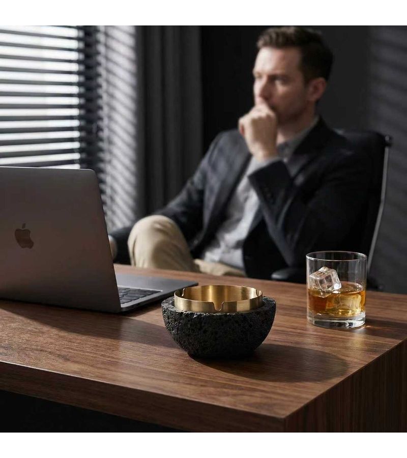 Nordic Industrial Cement Ashtray Handcrafted Black With Detachable Stainless Steel Bowl Easy Clean - Image 1