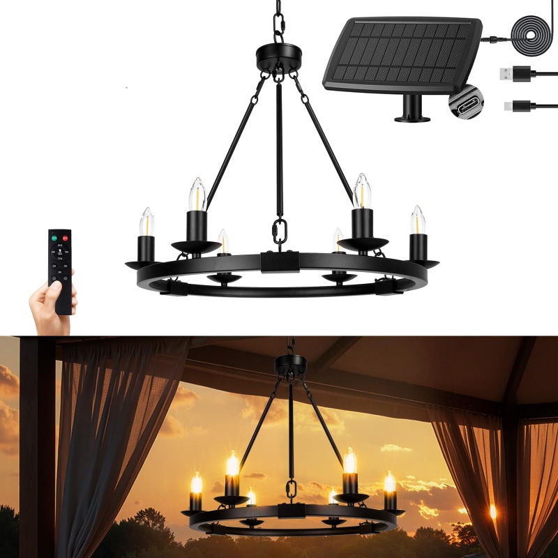 ALL FORTUNE Solar Outdoor Chandelier 6Light 19 Chandelier Outdoor Waterproof Dimmable Hanging Pendant Lights Farmhouse Style for Gazebo Porch Patio Pergola Decor Lighting - Image 2