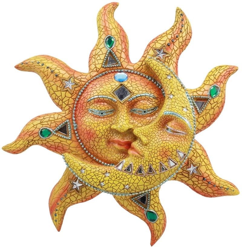 Ebros Colorful Celestial Heavens Mosaic Sun and Moon Wall Decor Plaque 12Tall Day Surrendering Unto Night Belenos God And Goddess Selene Hanging Wall Mount Sculpture