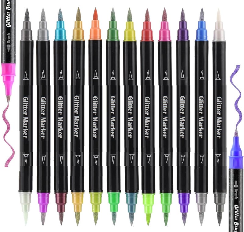 Amitasha Amitasha 24 Color Shades Art Marker Glitter Brush Pen Set Soft Dual Tip Water-based Shimmer Colors Sketch Pen for Kids Adults DIY Greeting Birthday Cards Scrapbook (12 Pen = 24 Colours)  - Image 1