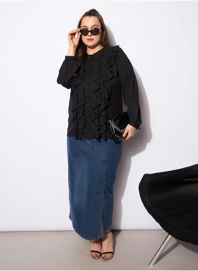 ساسافراس Plus Size Solid Round Neck Top with Ruffled Detail