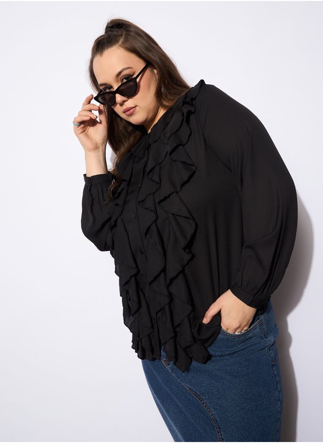 SASSAFRAS Plus Size Solid Round Neck Top with Ruffled Detail  - Image 3