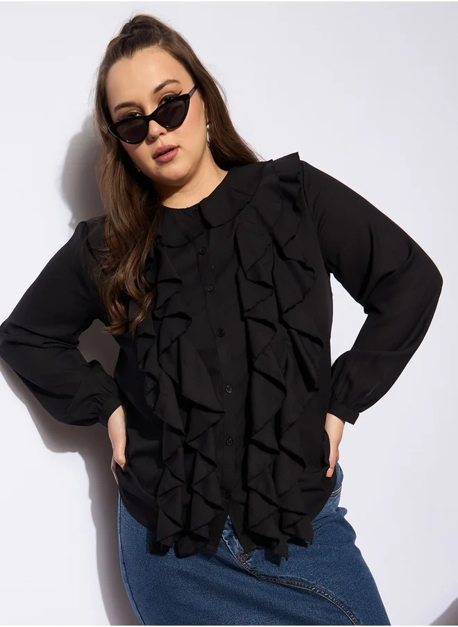 ساسافراس Plus Size Solid Round Neck Top with Ruffled Detail