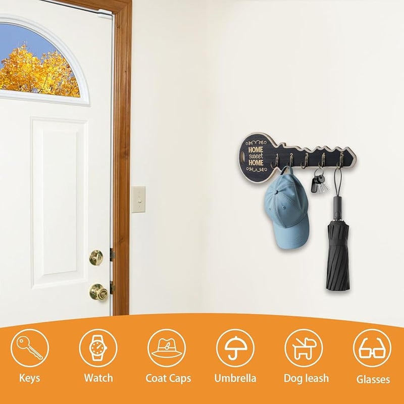 حامل مفاتيح خشبي أسود مثبت على الحائط مع 5 خطافات، منظف تخزين للمدخل، ديكور منزل ريفي - Image 5