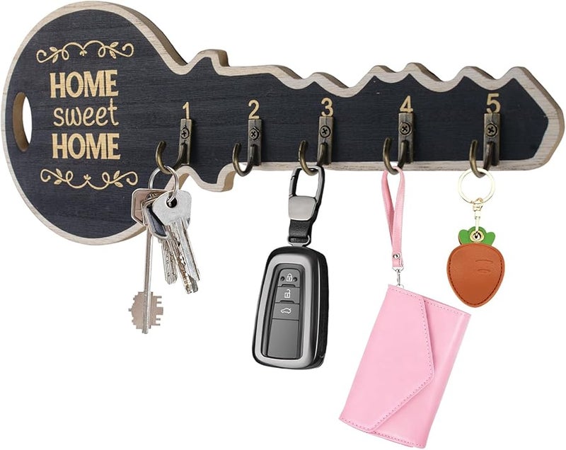 حامل مفاتيح خشبي أسود مثبت على الحائط مع 5 خطافات، منظف تخزين للمدخل، ديكور منزل ريفي - Image 2