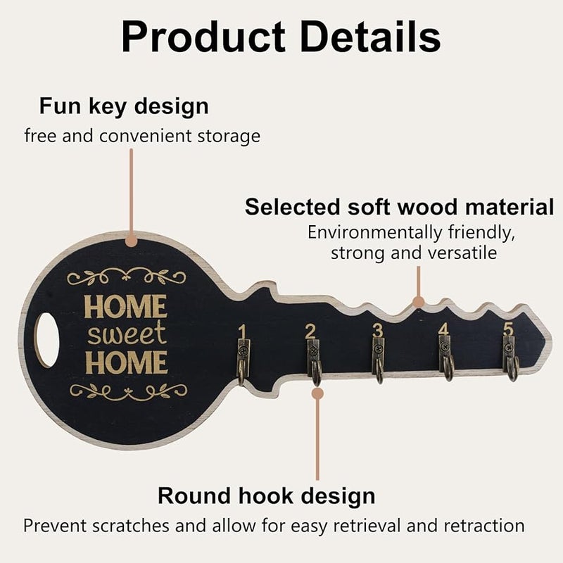 حامل مفاتيح خشبي أسود مثبت على الحائط مع 5 خطافات، منظف تخزين للمدخل، ديكور منزل ريفي - Image 4