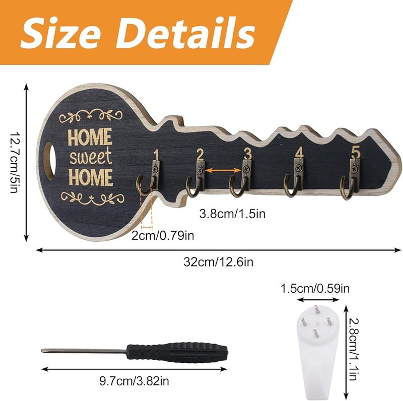 حامل مفاتيح خشبي أسود مثبت على الحائط مع 5 خطافات، منظف تخزين للمدخل، ديكور منزل ريفي - Image 3