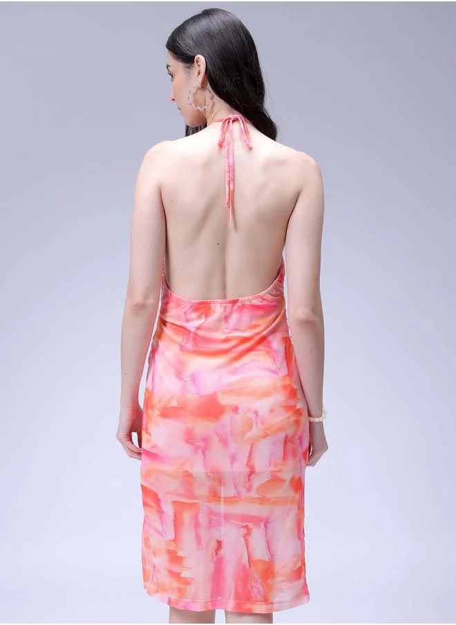 Freehand Women Fitted Party Wear Abstract Print Gathered Dress