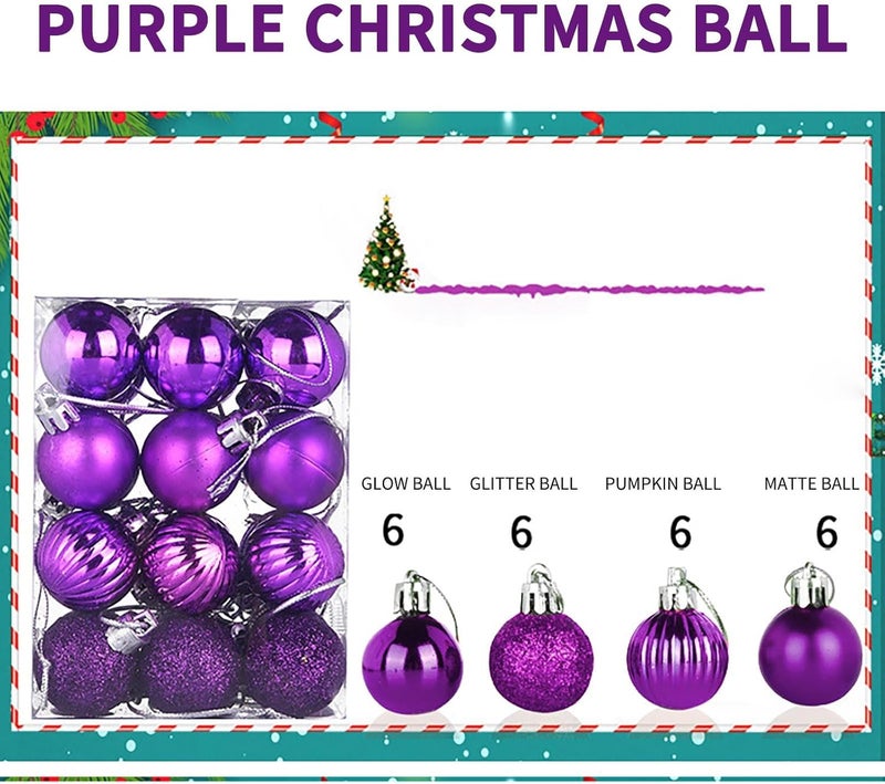 كلاراكو 24 قطعة من كرات زينة عيد الميلاد لشجرة عيد الميلاد، زينة أرجوانية لشجرة عيد الميلاد، زينة شجرة عيد الميلاد المقاومة للكسر، كرة معلقة كبيرة لتزيين حفل زفاف العطلة - Image 5