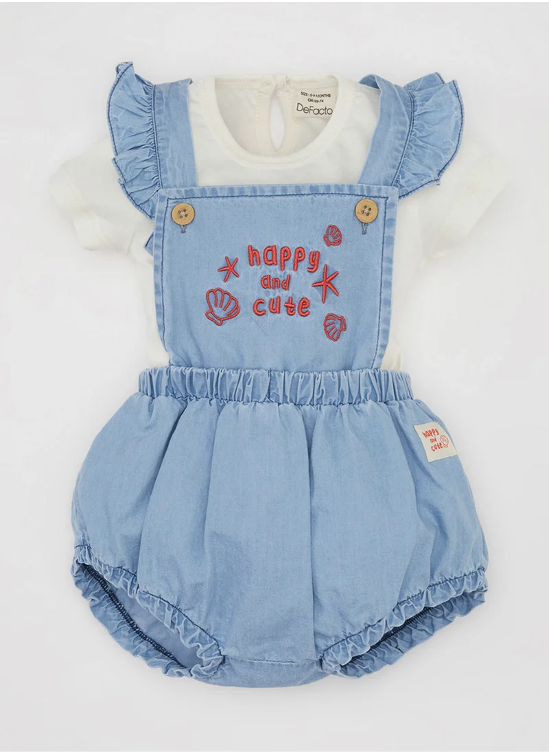 DeFacto Short Sleeve T-Shirt With Soft Embroidered Denim Overalls 2-Piece Set