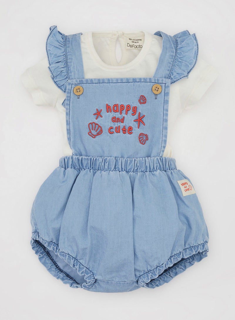 DeFacto Short Sleeve T-Shirt With Soft Embroidered Denim Overalls 2-Piece Set - Image 1