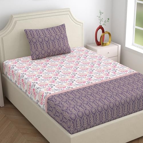 Home Ecstasy 100% Cotton Single Bedsheet with 1 Pillow Cover - (Size 59 x 87 inches, 140 TC, Colour - Purple: Lilac Haze) - Image 1