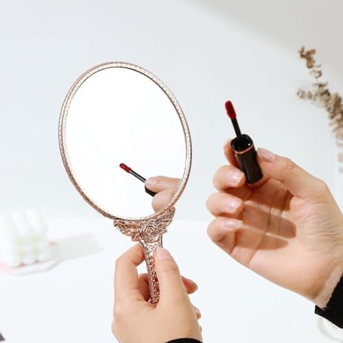 KIRA Hand Mirror Makeup Mirrors Vintage Handheld Decorative Personal Vintage Cosmetic Travel Mirrors Oval Embossed Flower Mirrors with Handle for Women (Silver Black Gold Rosegold-Any ONE) - Image 3