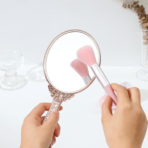 KIRA Hand Mirror Makeup Mirrors Vintage Handheld Decorative Personal Vintage Cosmetic Travel Mirrors Oval Embossed Flower Mirrors with Handle for Women (Silver Black Gold Rosegold-Any ONE) - Image 5