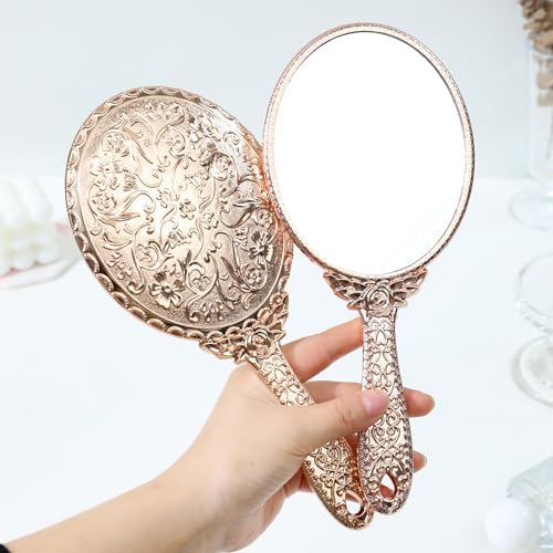 KIRA Hand Mirror Makeup Mirrors Vintage Handheld Decorative Personal Vintage Cosmetic Travel Mirrors Oval Embossed Flower Mirrors with Handle for Women (Silver Black Gold Rosegold-Any ONE) - Image 2