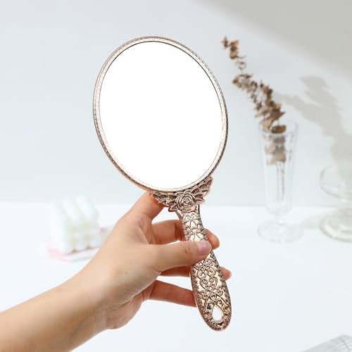 KIRA Hand Mirror Makeup Mirrors Vintage Handheld Decorative Personal Vintage Cosmetic Travel Mirrors Oval Embossed Flower Mirrors with Handle for Women (Silver Black Gold Rosegold-Any ONE) - Image 4